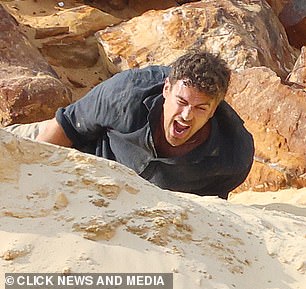 In dramatic scenes in the quarry, Theo's character fights for his life