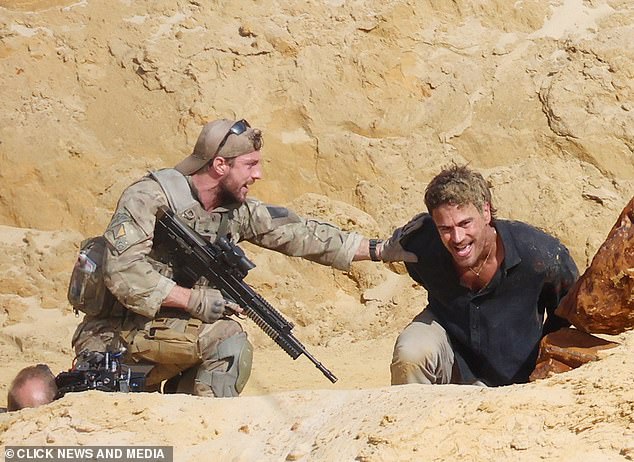 James Bond hopefuls Aaron-Taylor Johnson, 34, (left) and Theo James, 39 (right), joined forces to film dramatic action scenes for their new film Fuze in a quarry in Kent on Sunday.