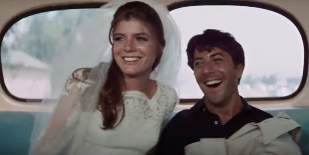 Katharine Ross and Dustin Hoffman in The Graduate Ending